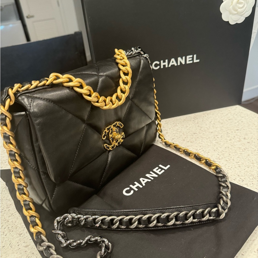 Chanel 19 Black Quilted Leather Bag with Gold and Silver Chain